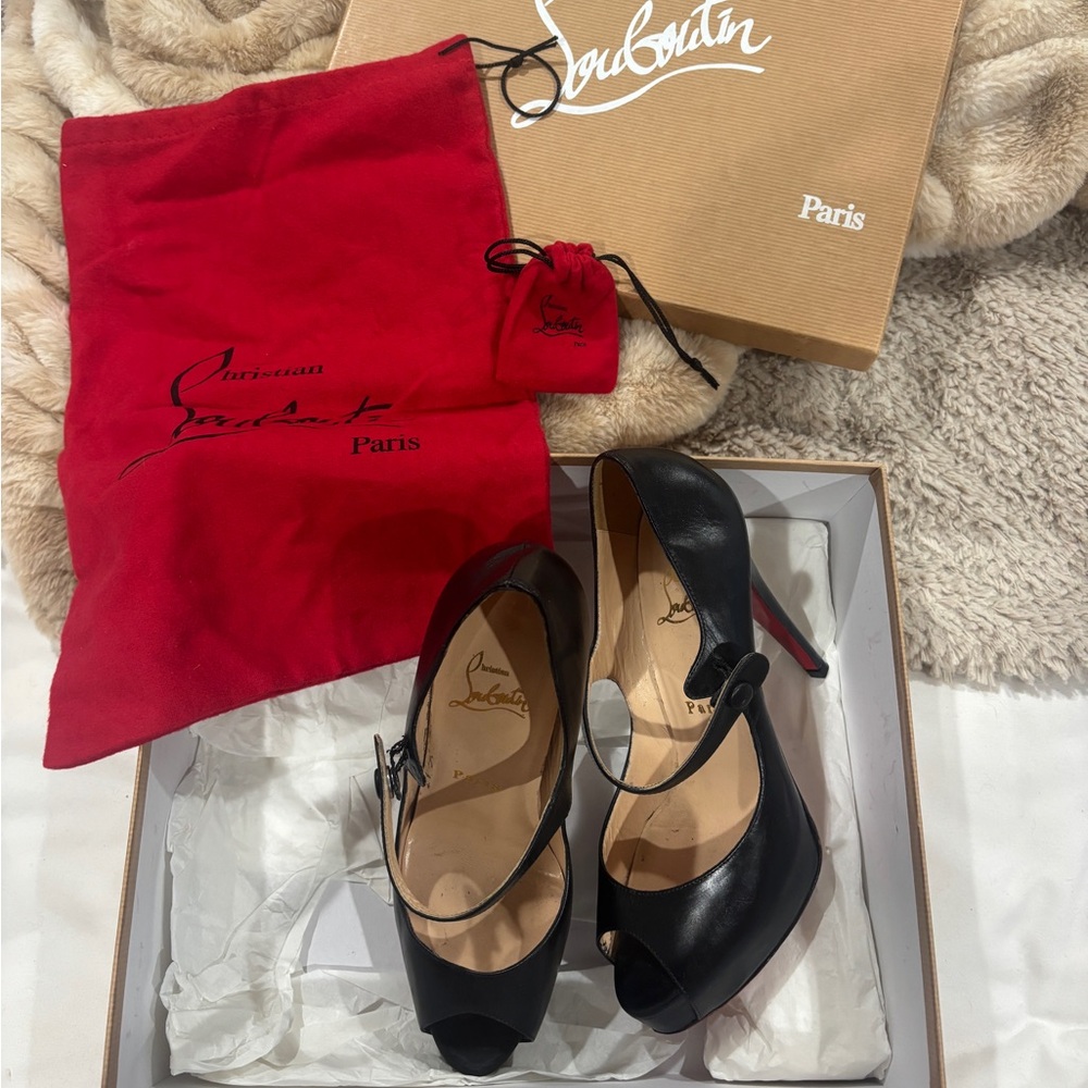 Christian Louboutin black leather Mary Jane Platform peep toe pumps, Red sole